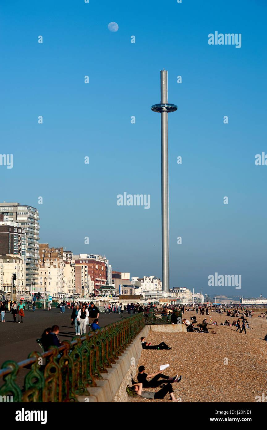 The i360 is the world's tallest moving observation tower. Passengers on  are transported in a pod 162 metres above Brighton's seafront in England. Stock Photo