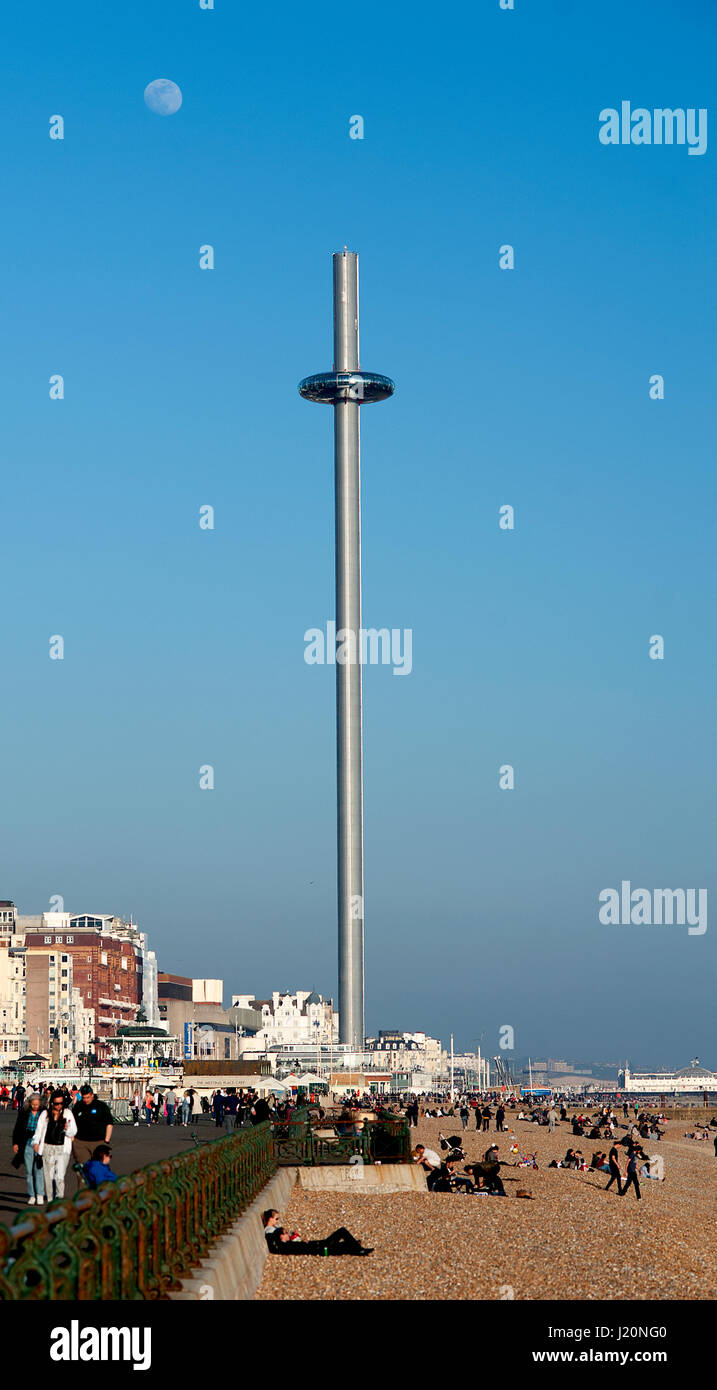 The i360 is the world's tallest moving observation tower. Passengers on  are transported in a pod 162 metres above Brighton's seafront in England. Stock Photo