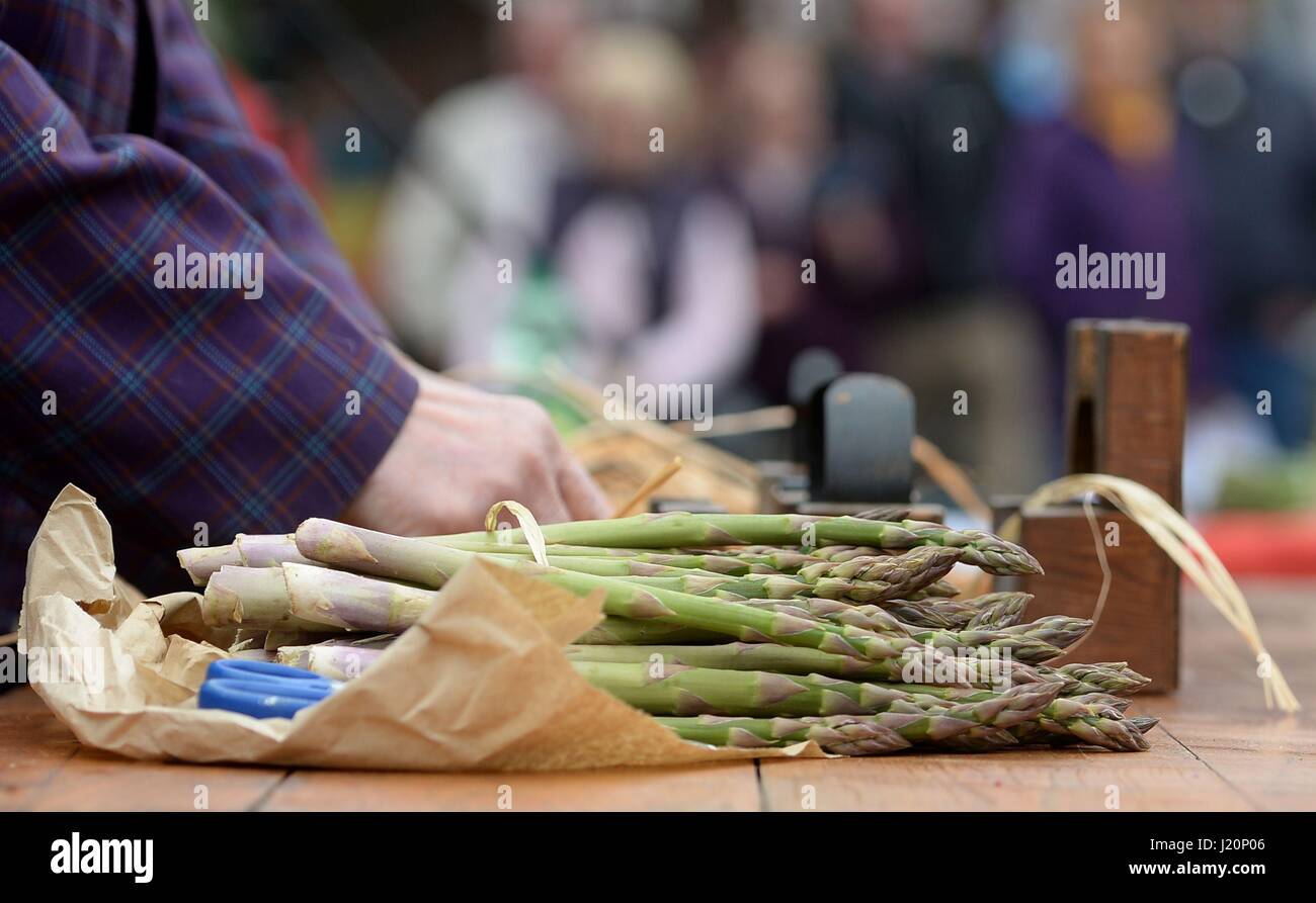 Rounds of asparagus are tied as people celebrate St Day and the official start of the