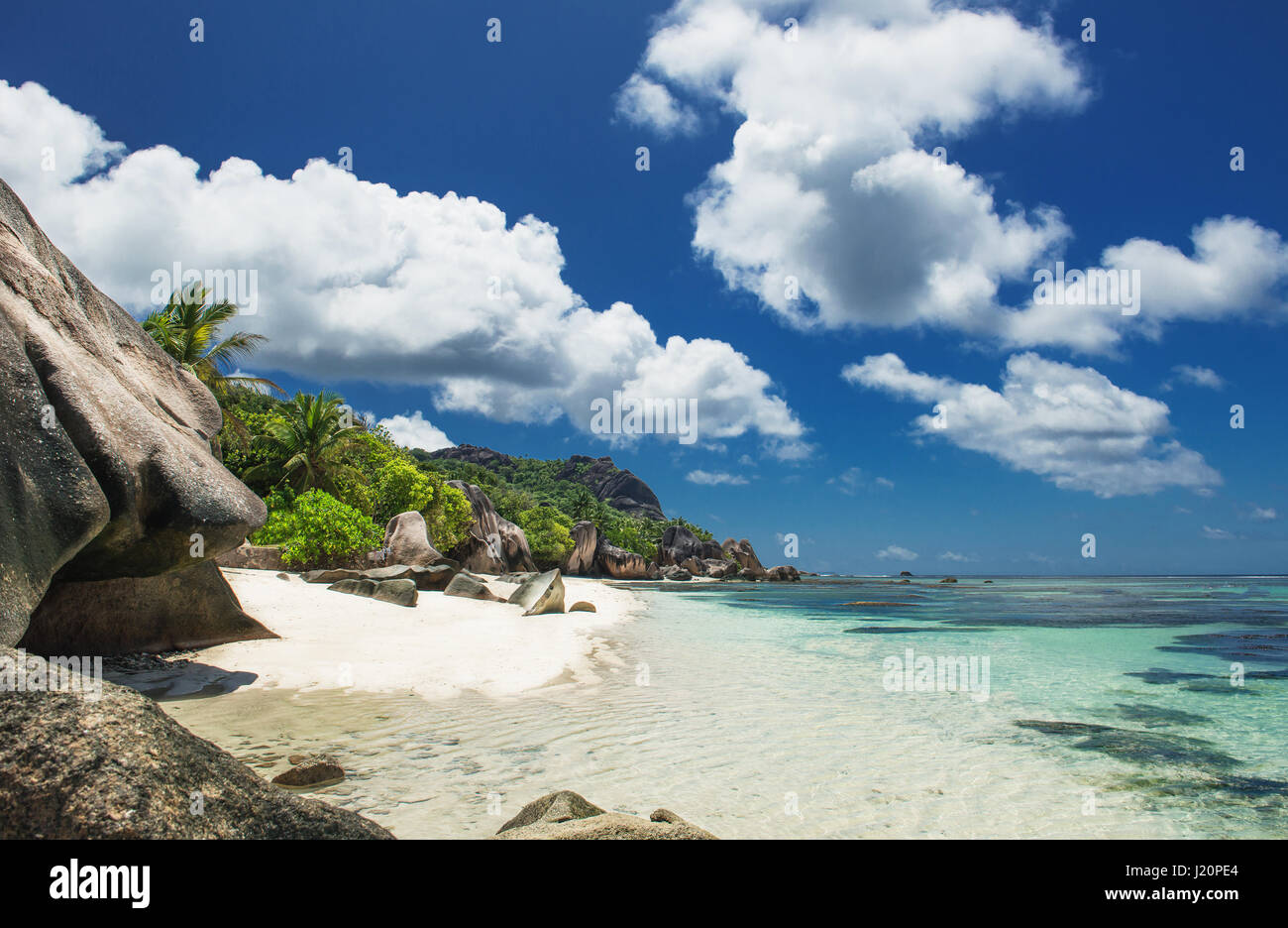 Strand Anse Source D'Argent auf den Seychellen Stock Photo