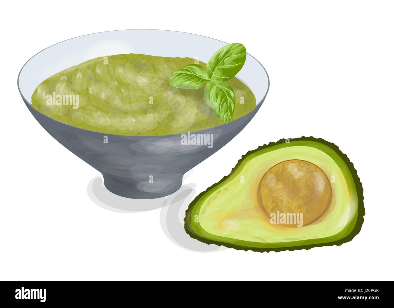guacamole bowl with ingredient on white background Stock Vector
