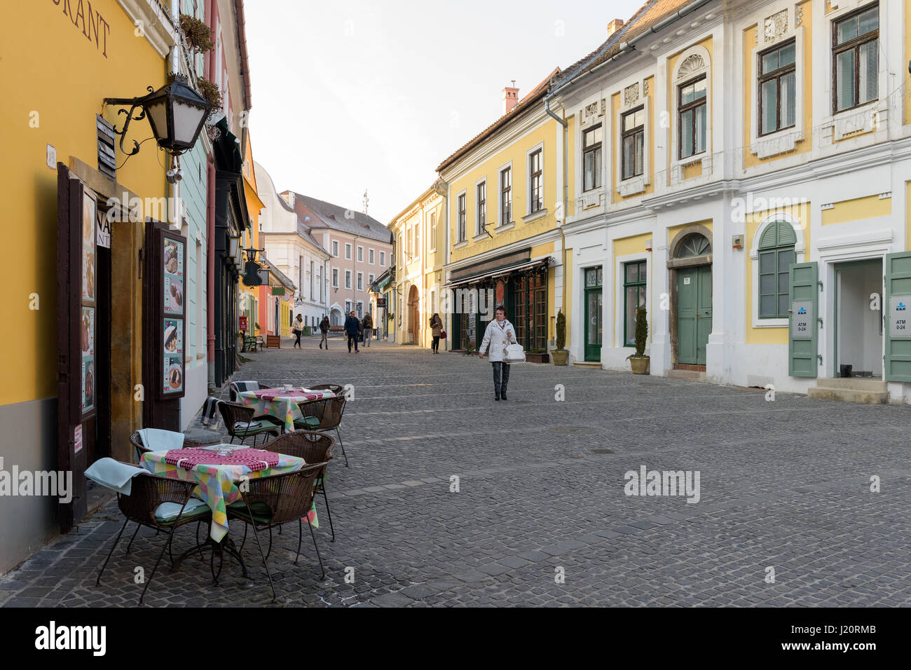 People and traditional buildings at the city center of Szentendre, Hungary - popular tourist village Stock Photo