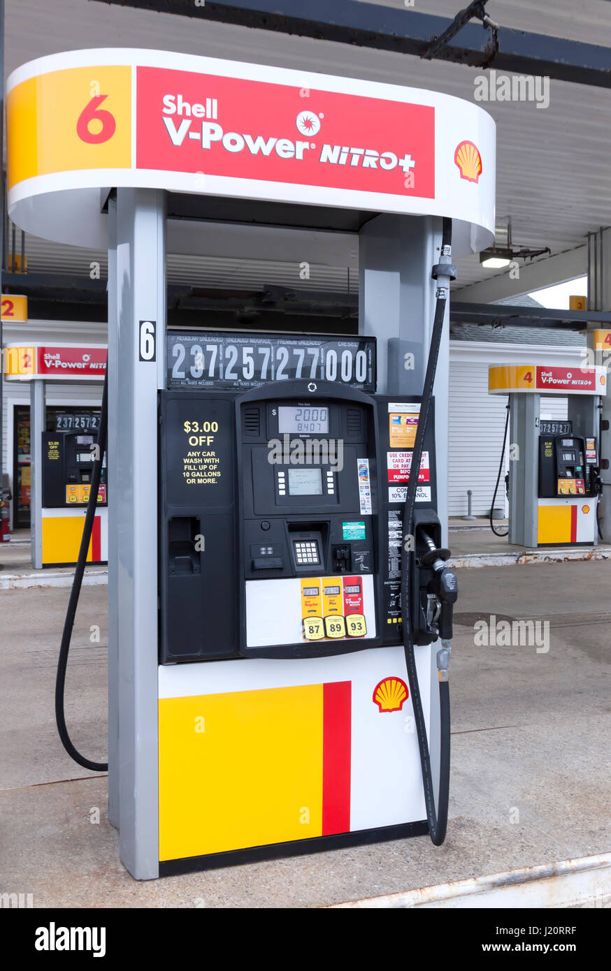 A Shell gasoline pump displaying low gasoline prices. Stock Photo