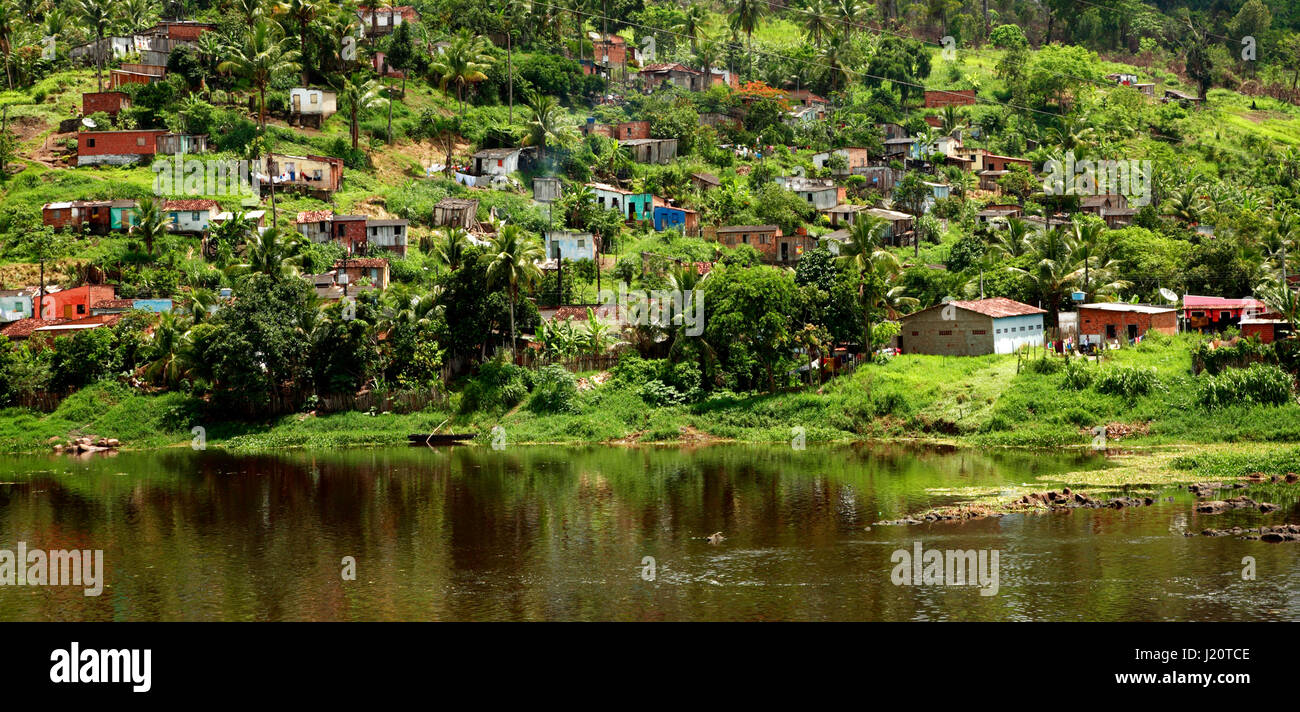 Village view with river, Ubaitaba, Bahia, Brazil, South America Stock Photo