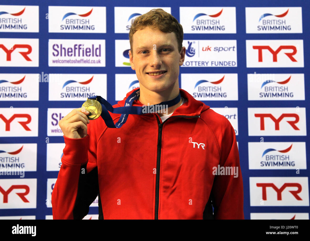 Luke Greenbank poses with his gold medal after winning The Mens 200 Metre Backstroke during day six of the 2017 British Swimming Championships at Ponds Forge, Sheffield Stock Photo