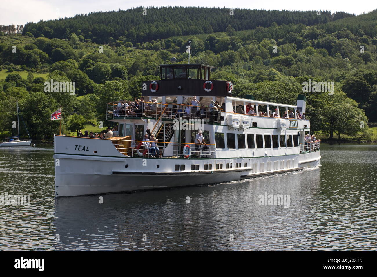 Teal boat Lake Windermere Lake District Cumbria England Stock Photo Alamy