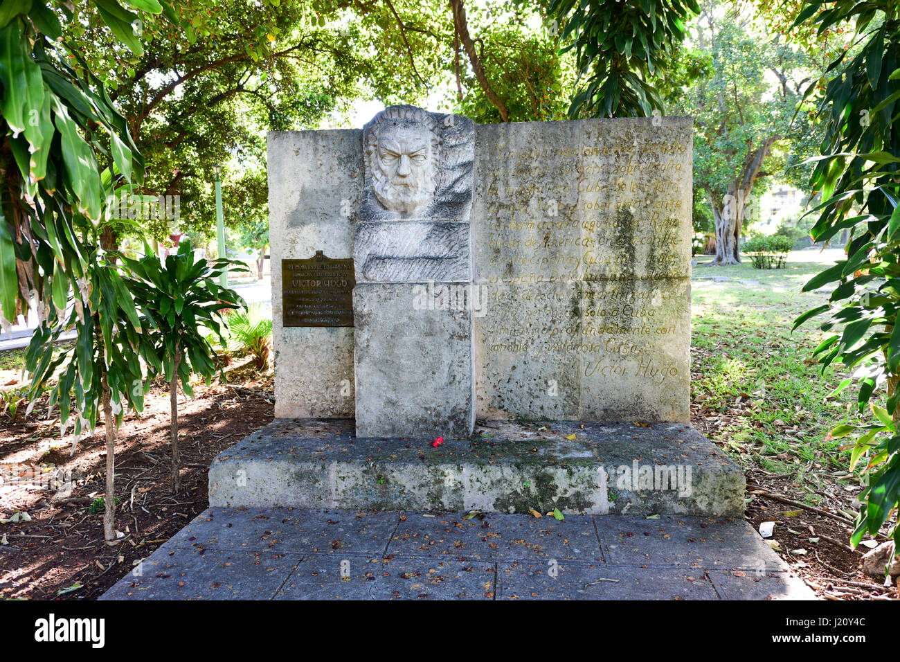 Victor Hugo Park and the monument in his memory surrounded by ceiba trees in Havana, Cuba. Stock Photo