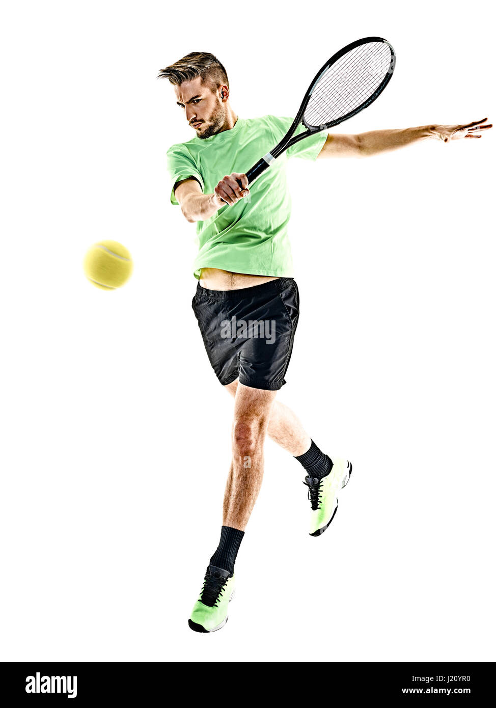 one caucasian  man playing tennis player isolated on white background Stock Photo