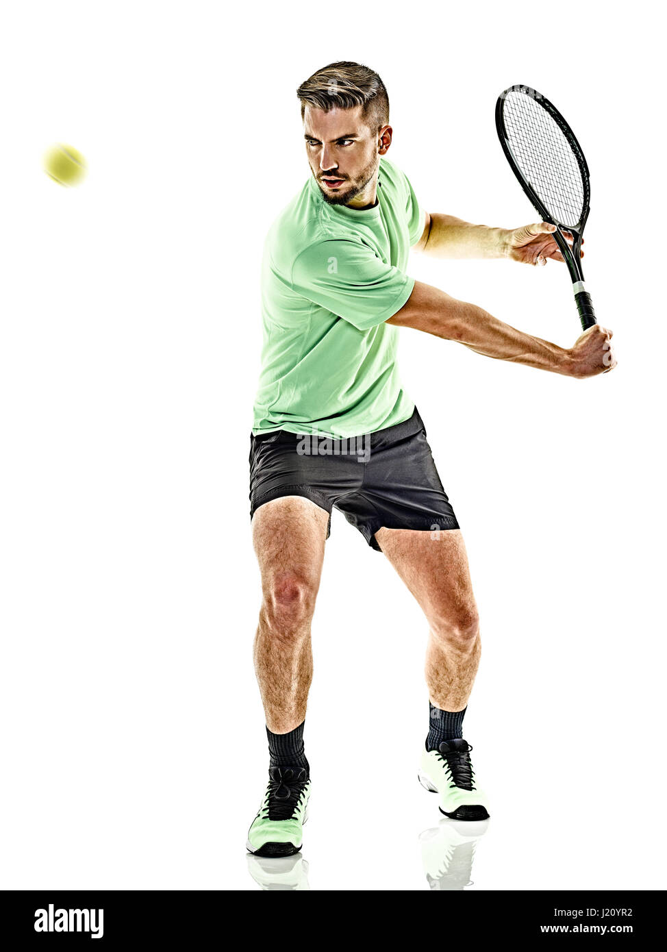 one caucasian  man playing tennis player isolated on white background Stock Photo