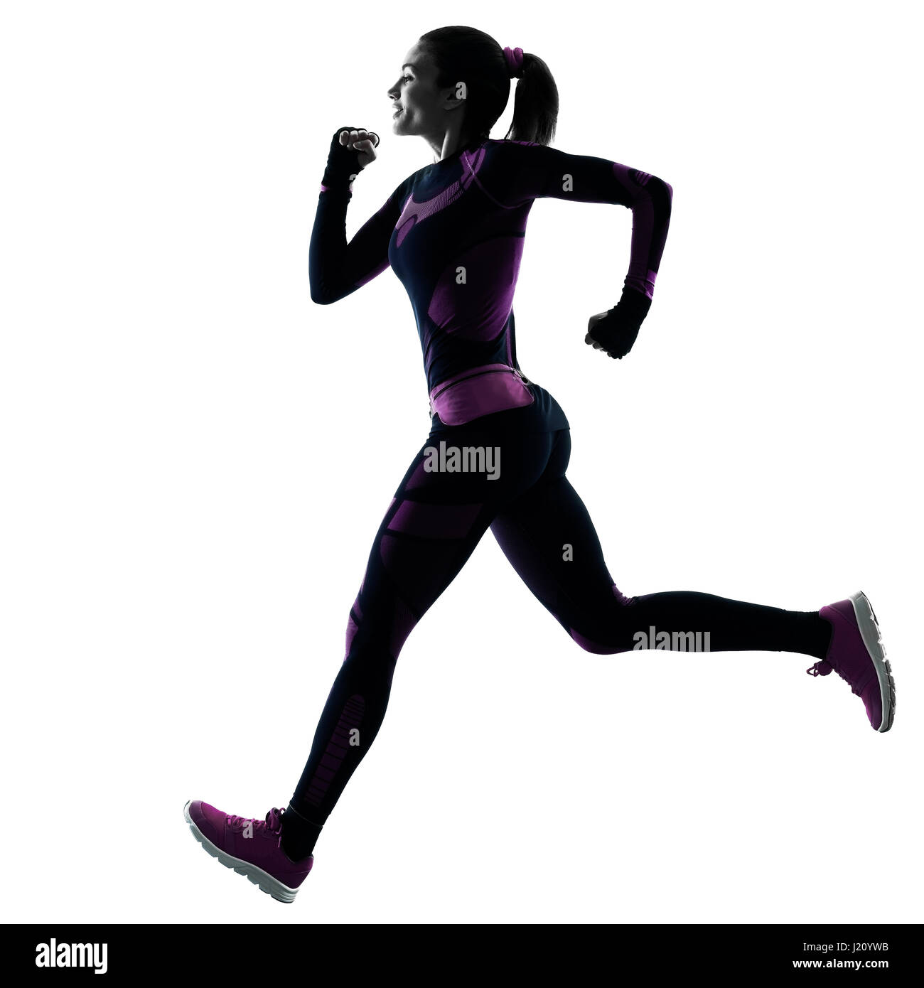 one young caucasian woman runner running jogger jogging isolated silhouette shadow on white background Stock Photo