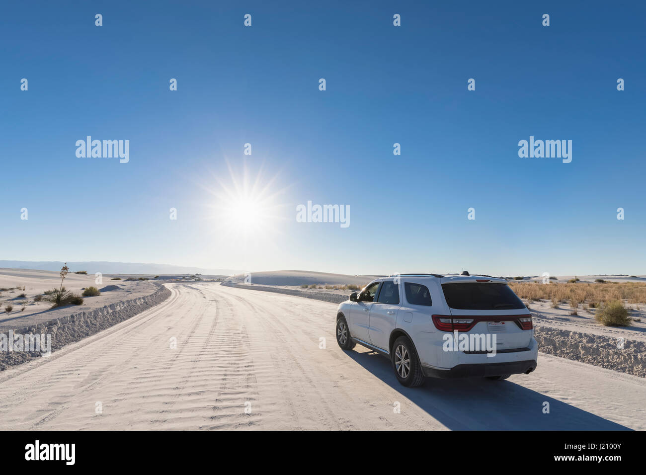 USA, New Mexico, Chihuahua Desert, White Sands National Monument, SUV on piste Stock Photo