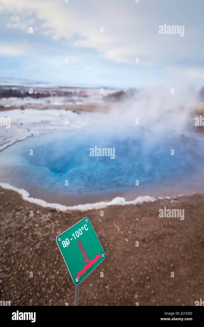 Iceland, temperature sign at geysir and hot springs on Golden Circle