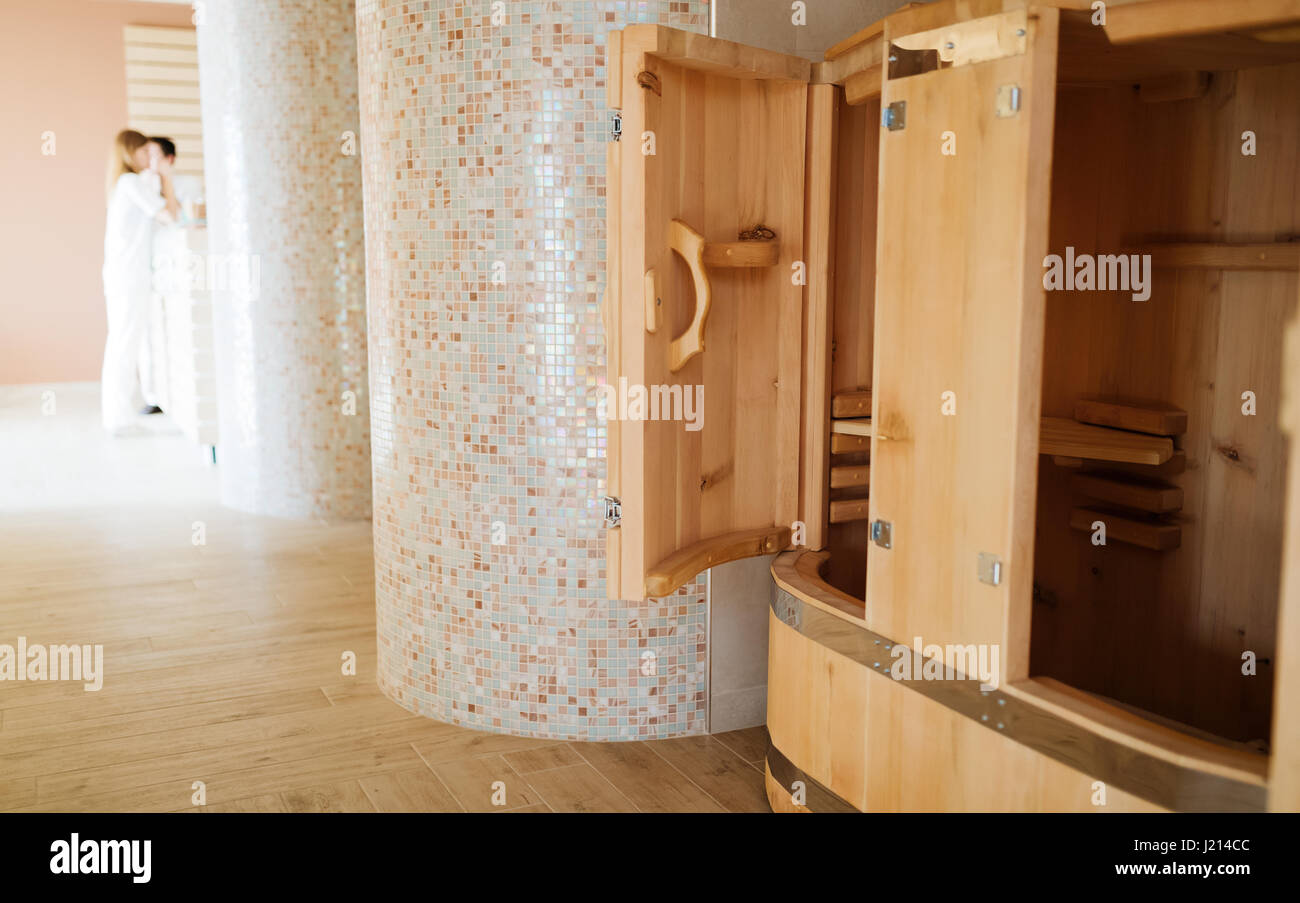 Healthy cedar barrel sauna in spa resort Stock Photo
