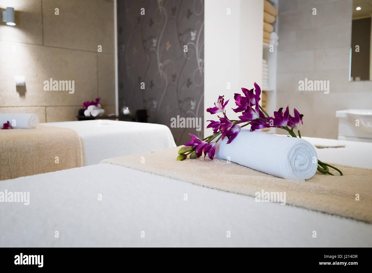 Beautiful wellness massage saloon decorated  interior Stock Photo