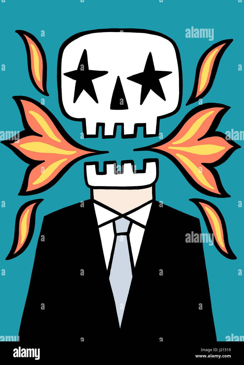 The death of a business man. A business illustration about thinking different thoughts. Stock Photo