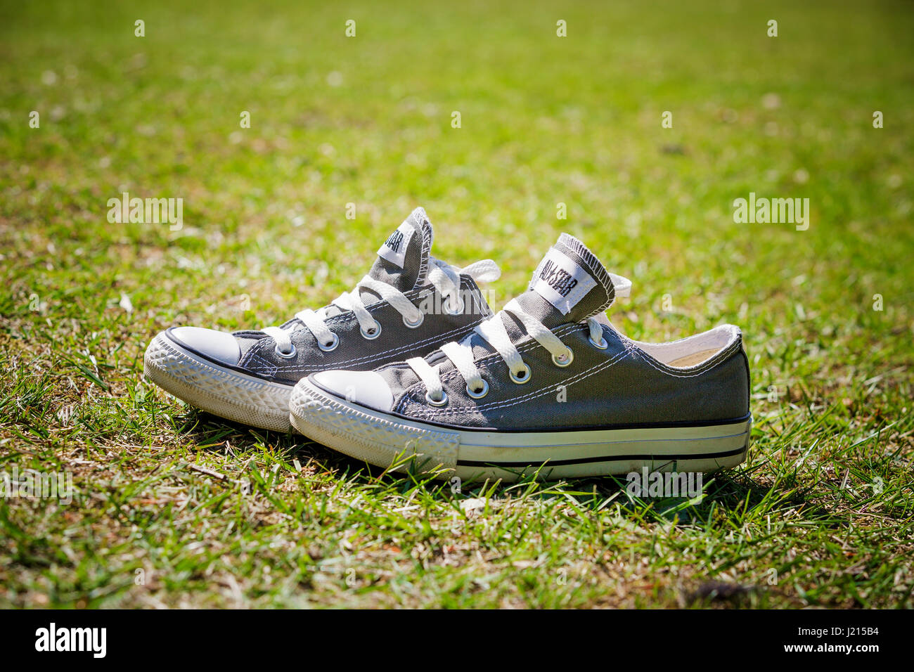 NEW FOREST, UK - 9 June 2013 - Converse All Star pumps discarded on the  lawn. Fashion pumps, very popular with the youth culture. On 9 June 2013  New F Stock Photo - Alamy