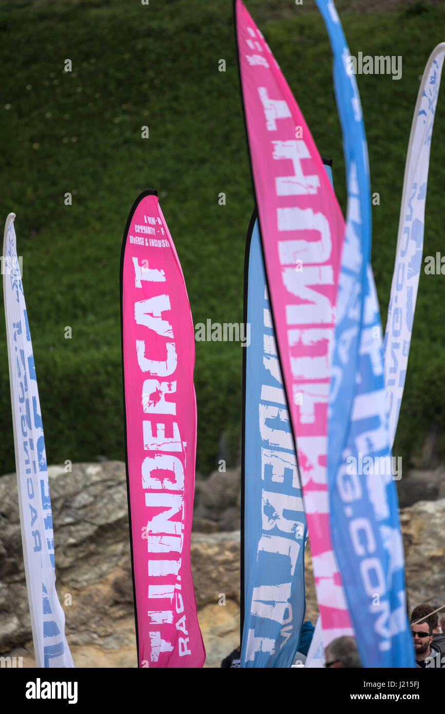Thundercat Racing Banners Advertising Colourful Colorful Fistral Beach Newquay Cornwall Stock Photo