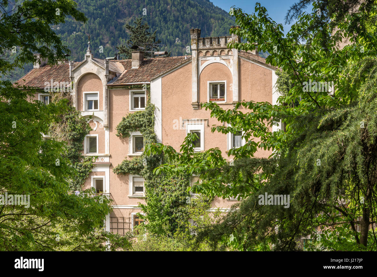 Merano (or Meran) is a city surrounded by mountains near Passeier Valley and Val Venosta (South Tyrol, Italy). the Tappeiner Promenade Stock Photo