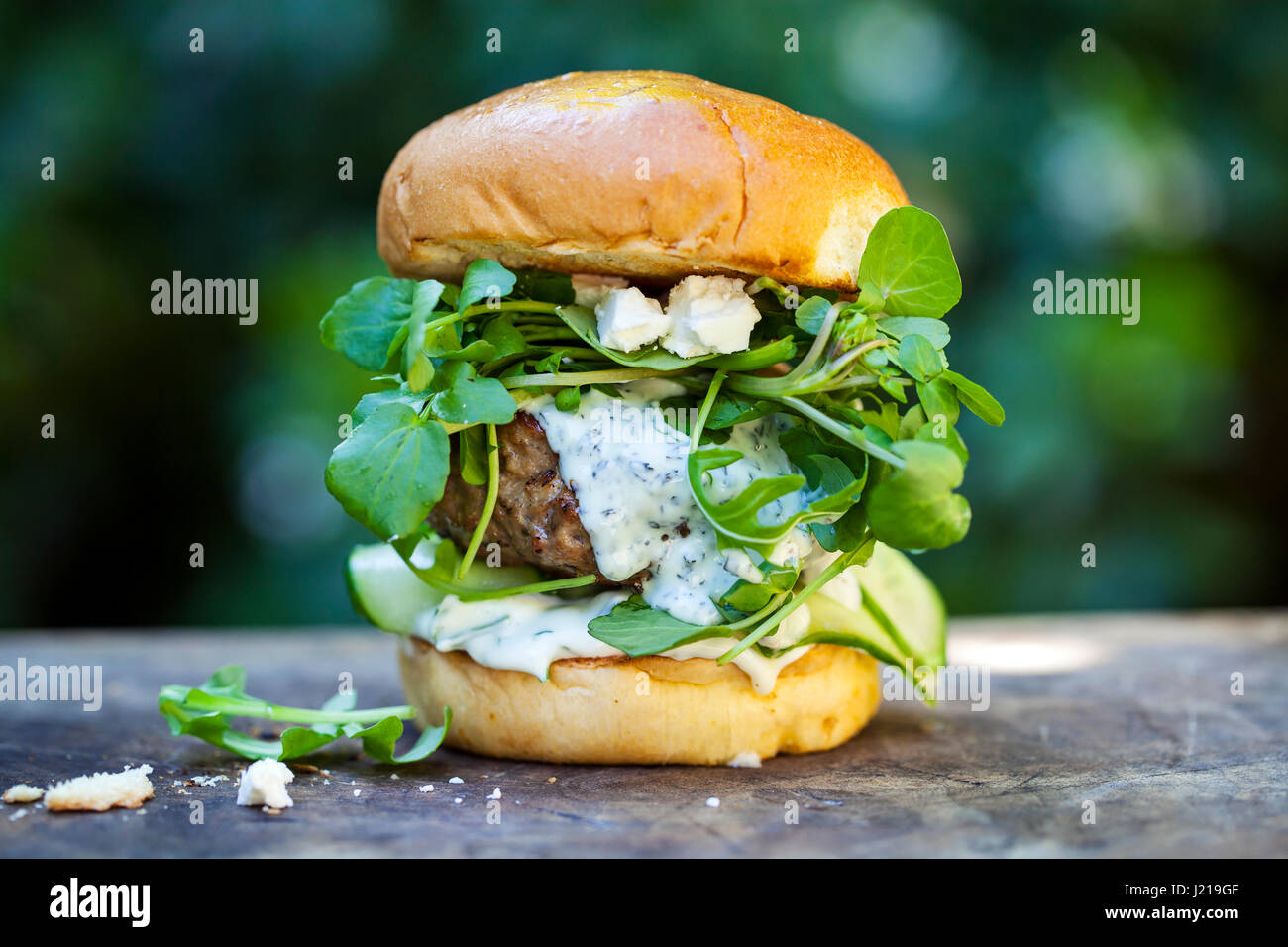 lamb burger with pickled cucumber, watercress and minty yogurt Stock Photo
