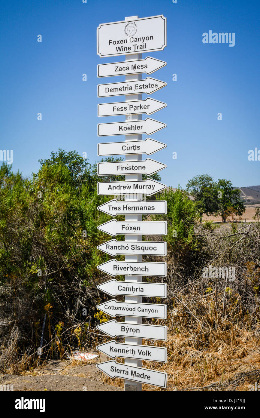 A list of Vineyards' Names on a tall directional sign with arrows