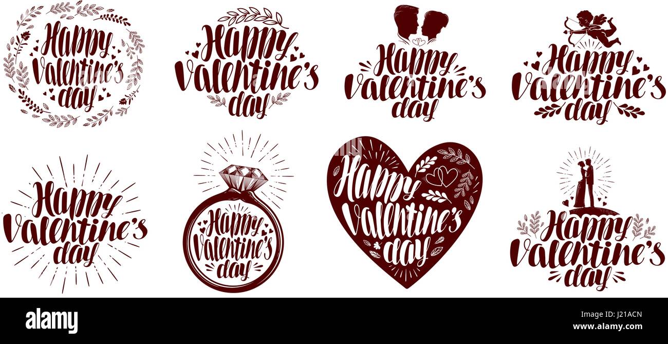 Happy Valentines day, label set. Holiday icon or symbol. Lettering, calligraphy vector illustration Stock Vector