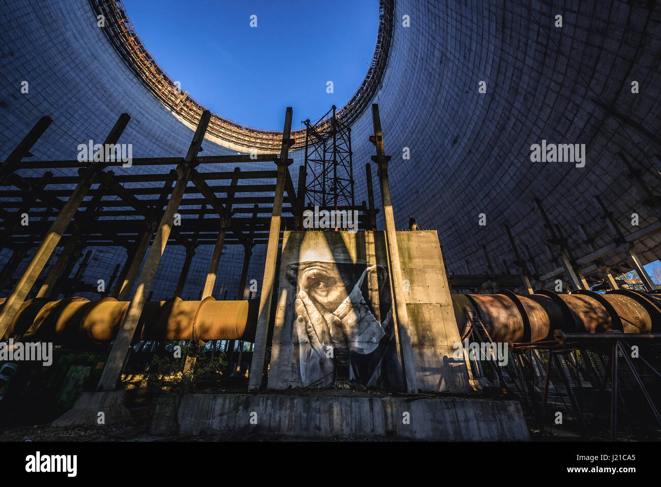 Graffiti in cooling tower of Chernobyl Nuclear Power Plant in Zone of