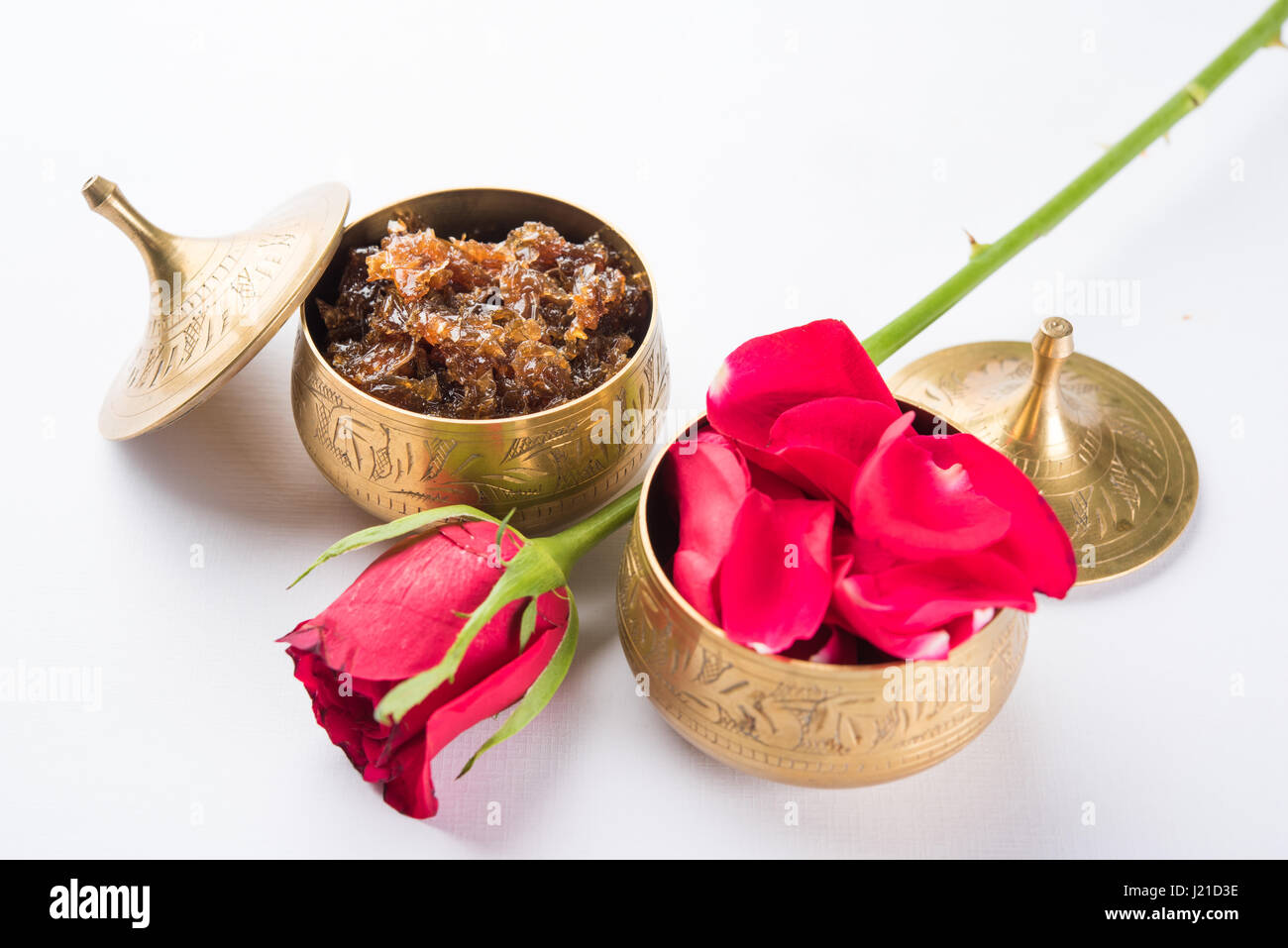 Gulkand, also known as Gulqand, is a sweet preserve of rose petals popular in India, usually used in chewing paan masala Stock Photo