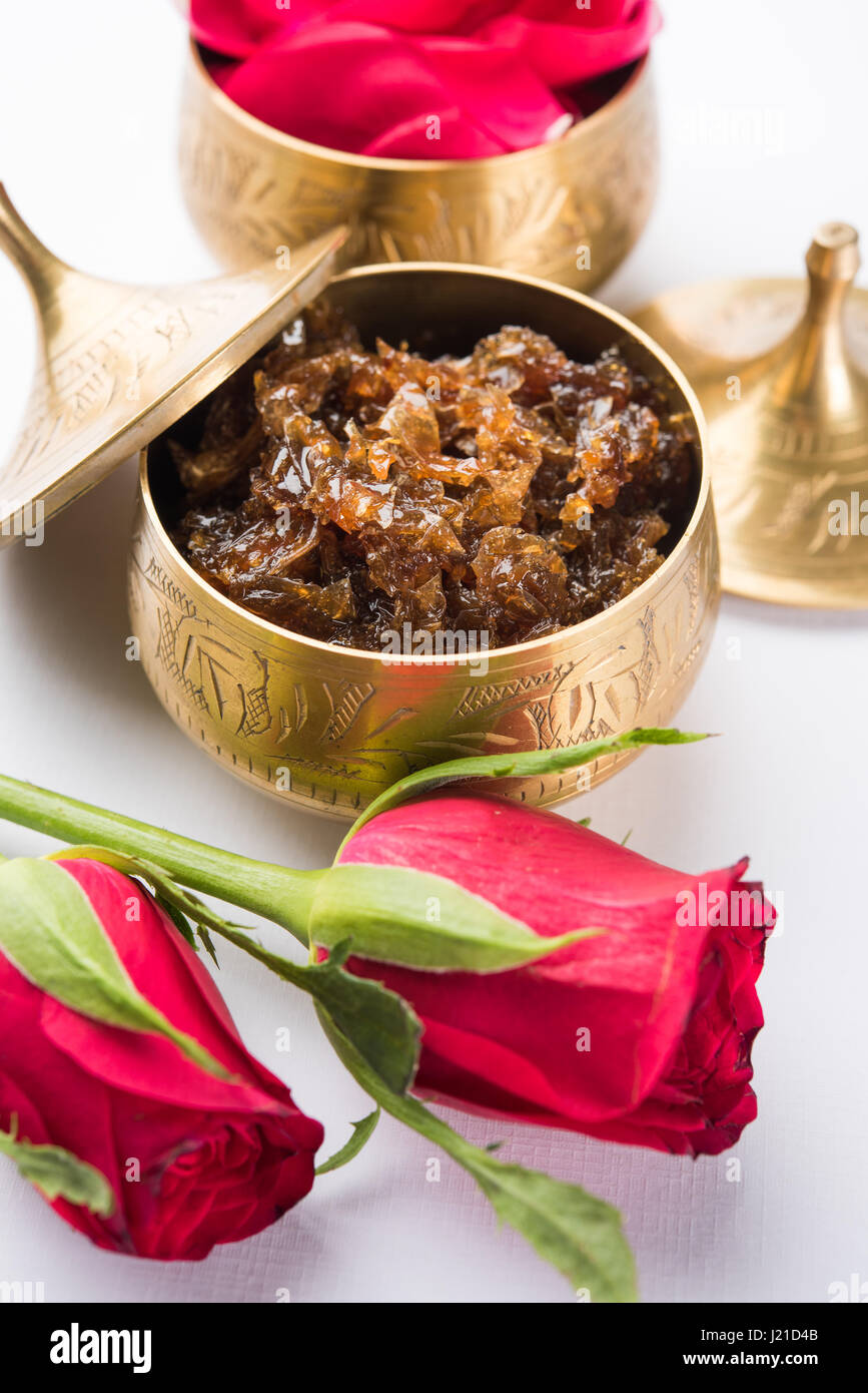 Gulkand, also known as Gulqand, is a sweet preserve of rose petals popular in India, usually used in chewing paan masala Stock Photo