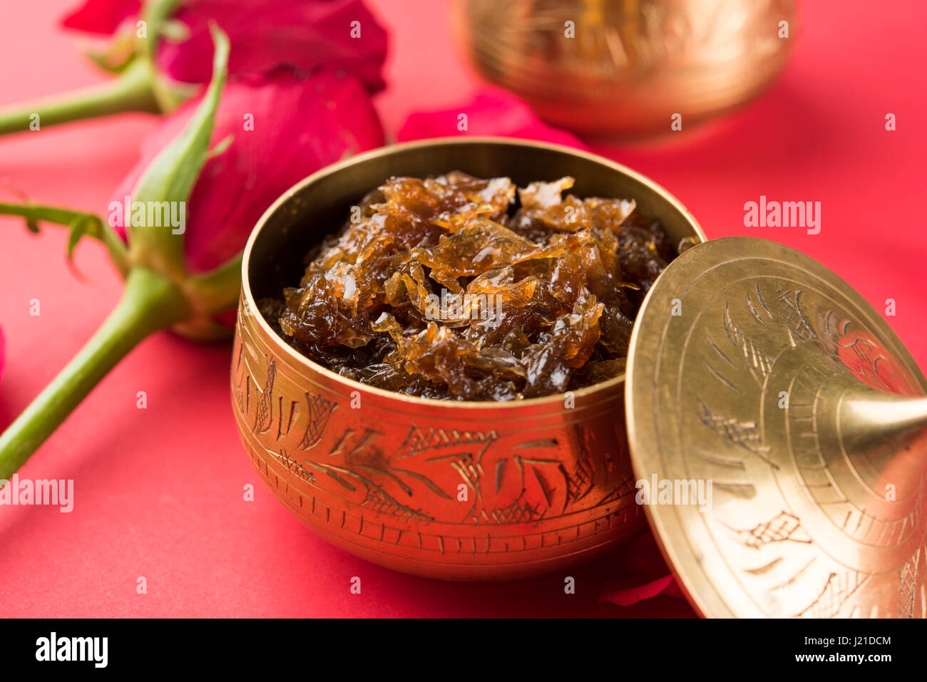 Gulkand, also known as Gulqand, is a sweet preserve of rose petals