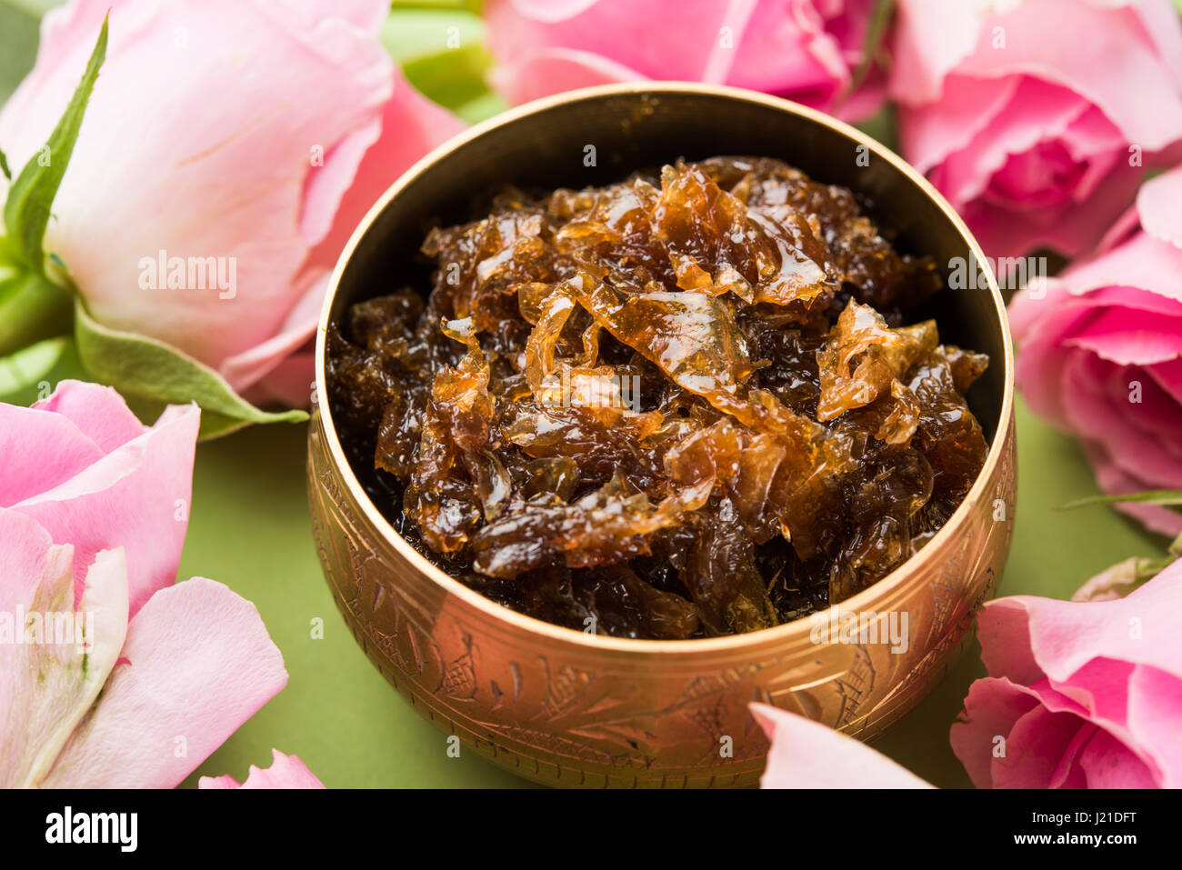 Gulkand, also known as Gulqand, is a sweet preserve of rose petals popular in India, usually used in chewing paan masala Stock Photo