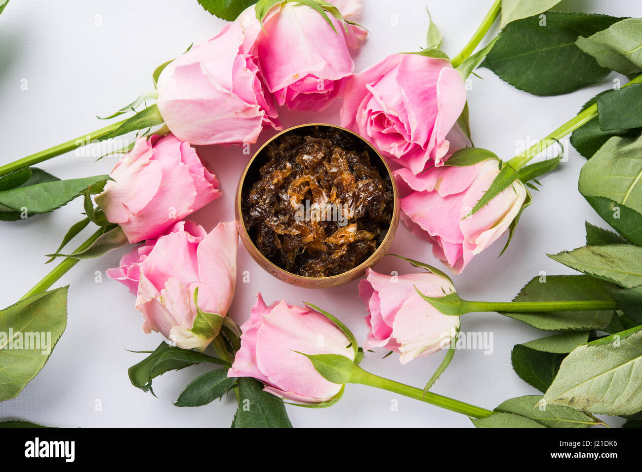 Gulkand, also known as Gulqand, is a sweet preserve of rose petals popular in India, usually used in chewing paan masala Stock Photo