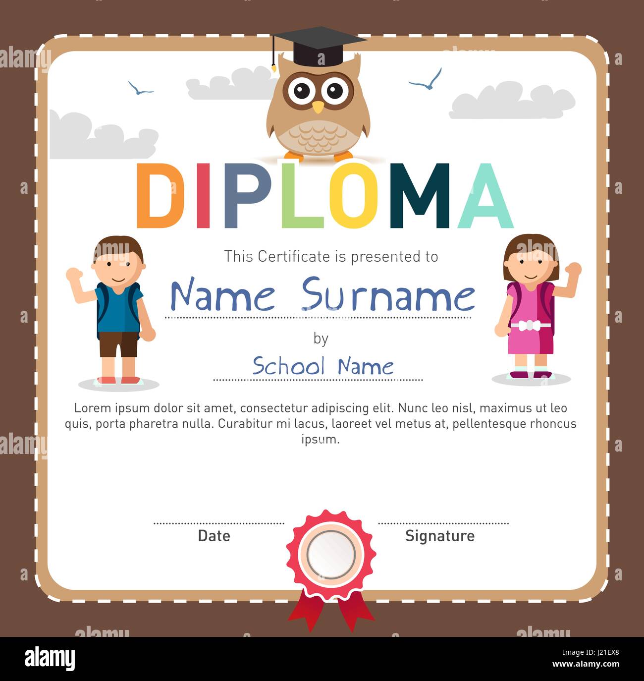 Preschool and Elementary school Kids Diploma certificate Stock Vector