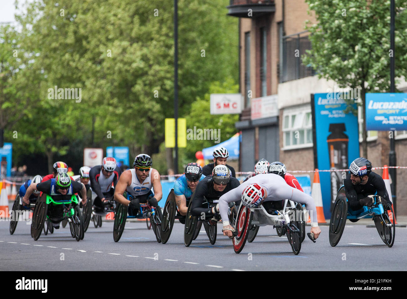 London, UK. 23rd Apr, 2017. The leading group of men's wheelchair competitors, including the eventual winner David Weir, close to the halfway point in Shadwell of the 2017 Virgin Money London Marathon. Credit: Mark Kerrison/Alamy Live News Stock Photo