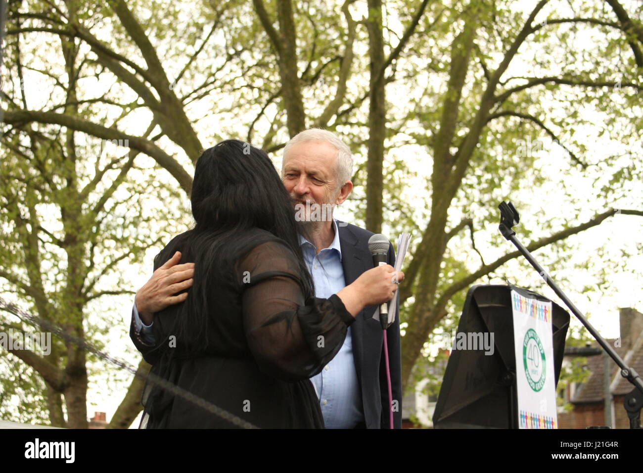 London, UK. 23rd April, 2017. Labour Party leader, Jeremy Corbyn is greeted at an event 'Haringey Diversity Celebration' held to mark the 40th anniversary of a protest that blocked the National Front marching through the area. Roland Ravenhill/ Alamy Live News Stock Photo