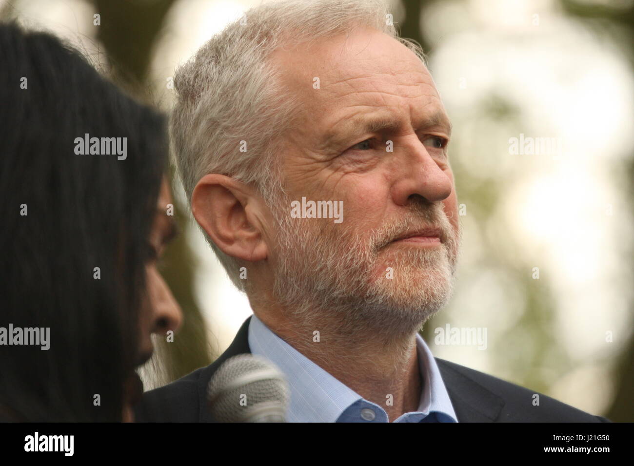 London, UK. 23rd April, 2017. Labour Party leader, Jeremy Corbyn is introduced before speaking at an event 'Haringey Diversity Celebration' held to mark the 40th anniversary of a protest that blocked the National Front marching through the area. Roland Ravenhill/ Alamy Live News Stock Photo