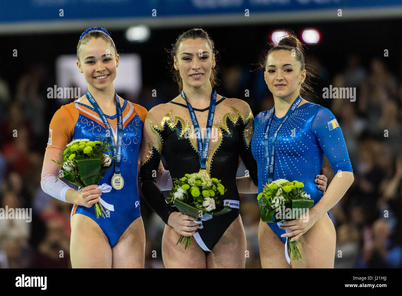 Cluj Napoca, Romania. 23rd Apr, 2017. Eythora Thorsdottir (NED) Catalina Ponor (ROU) Larisa Iordache (ROU) during the balance beam Awarding Ceremony Women's Apparatus Finals at the European Men's and Women's Artistic Gymnastics Championships in Cluj Napoca, Romania. 23.04.2017 Photo: Catalin Soare/dpa/Alamy Live News Stock Photo