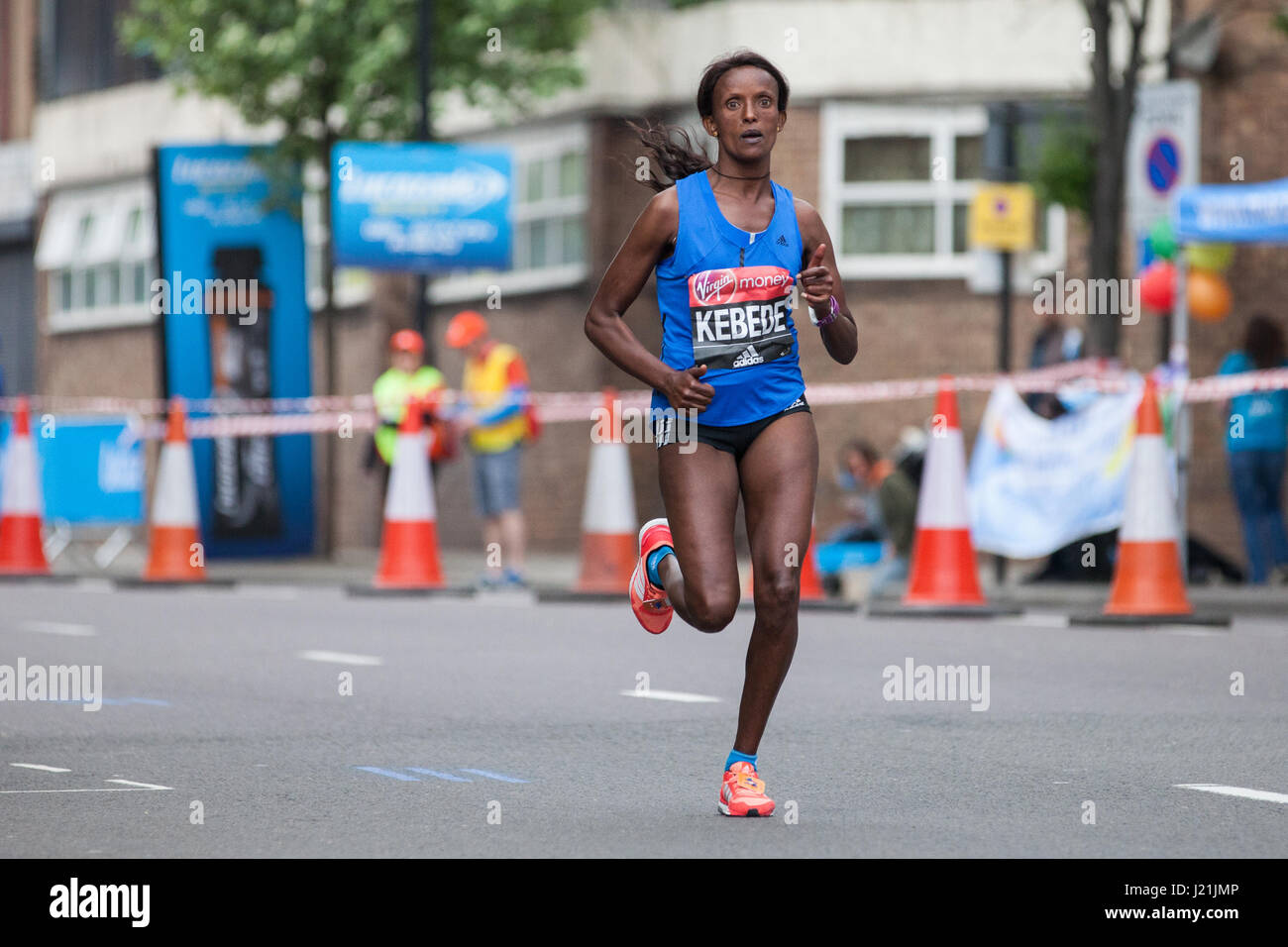 London, UK. 23rd April, 2017. Aberu Kebede of Ethiopia, who finished 11th in the women's event, runs through Shadwell close to the halfway point of the 2017 Virgin Money London Marathon. Credit: Mark Kerrison/Alamy Live News Stock Photo