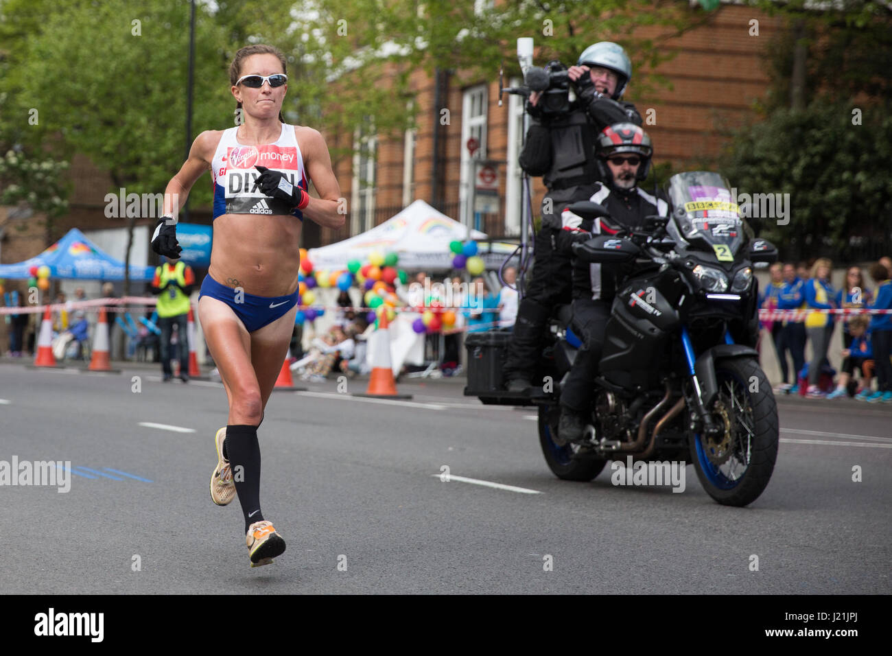 London, UK. 23rd April, 2017. Alyson Dixon of Great Britain, who finished 14th in the women's event, runs through Shadwell close to the halfway point of the 2017 Virgin Money London Marathon. Credit: Mark Kerrison/Alamy Live News Stock Photo