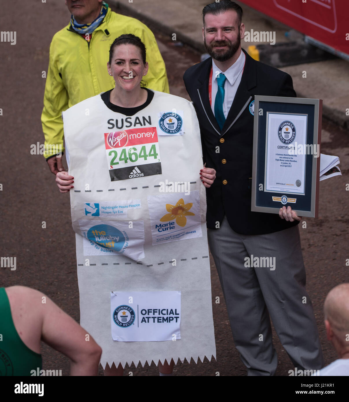 London, UK. 23rd April, 2017.A runner dressed as a toilet roll gains a