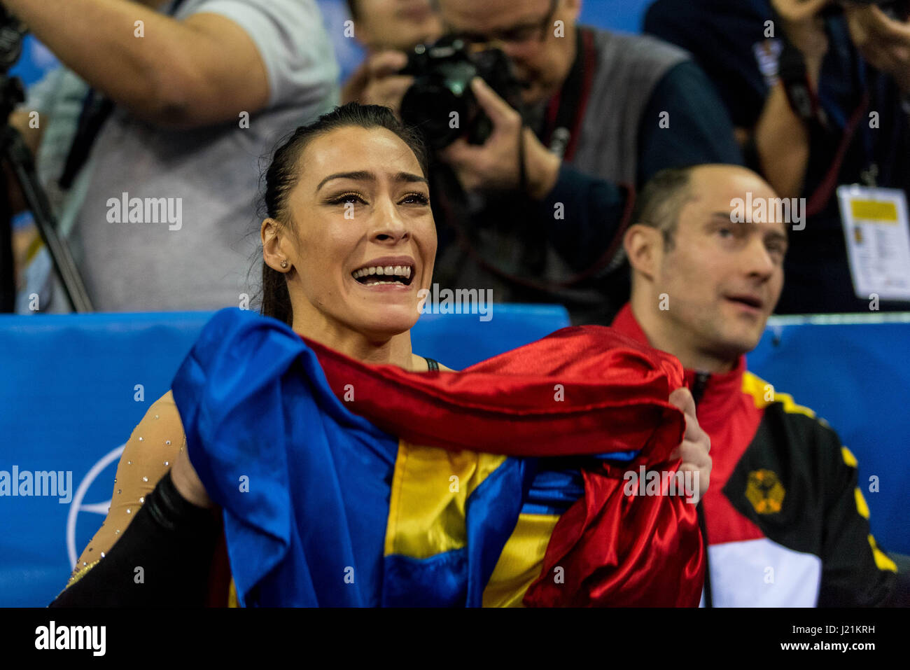 Cluj Napoca, Romania. 23rd Apr, 2017. Catalina Ponor (ROU) after his performance on the balance beam during the Women's Apparatus Finals at the European Men's and Women's Artistic Gymnastics Championships in Cluj Napoca, Romania. 23.04.2017 Photo: Catalin Soare/dpa/Alamy Live News Stock Photo