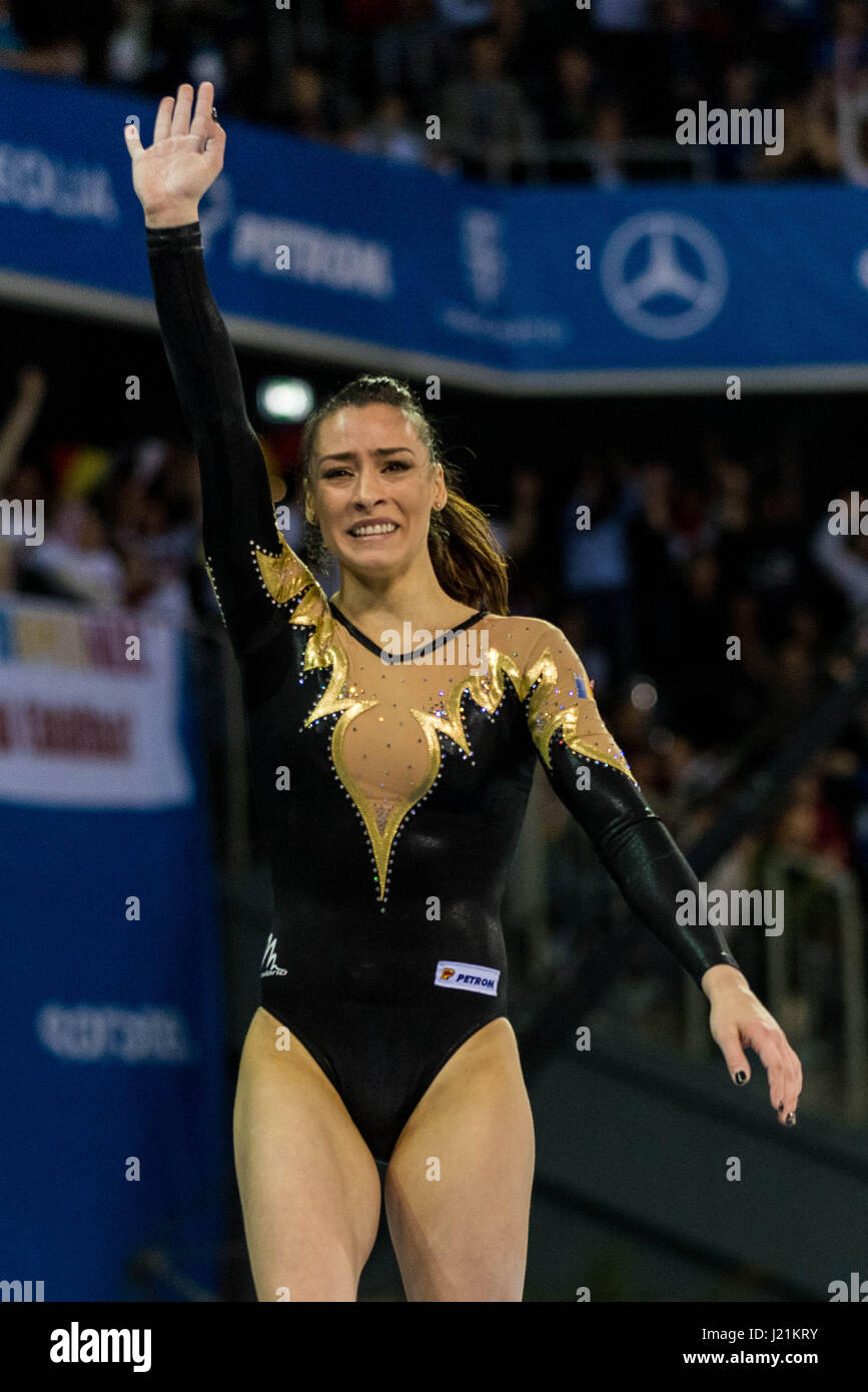 Cluj Napoca, Romania. 23rd Apr, 2017. Catalina Ponor (ROU) after his performance on the balance beam during the Women's Apparatus Finals at the European Men's and Women's Artistic Gymnastics Championships in Cluj Napoca, Romania. 23.04.2017 Photo: Catalin Soare/dpa/Alamy Live News Stock Photo
