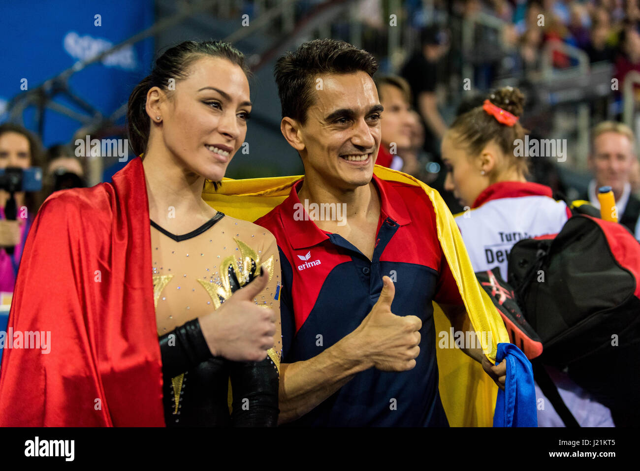 Catalina Ponor (ROU) after his performance on the balance beam and Marian Dragulescu (ROU) during the Women's Apparatus Finals at the European Men's and Women's Artistic Gymnastics Championships in Cluj Napoca, Romania. 23.04.2017 Photo: Catalin Soare/dpa Stock Photo