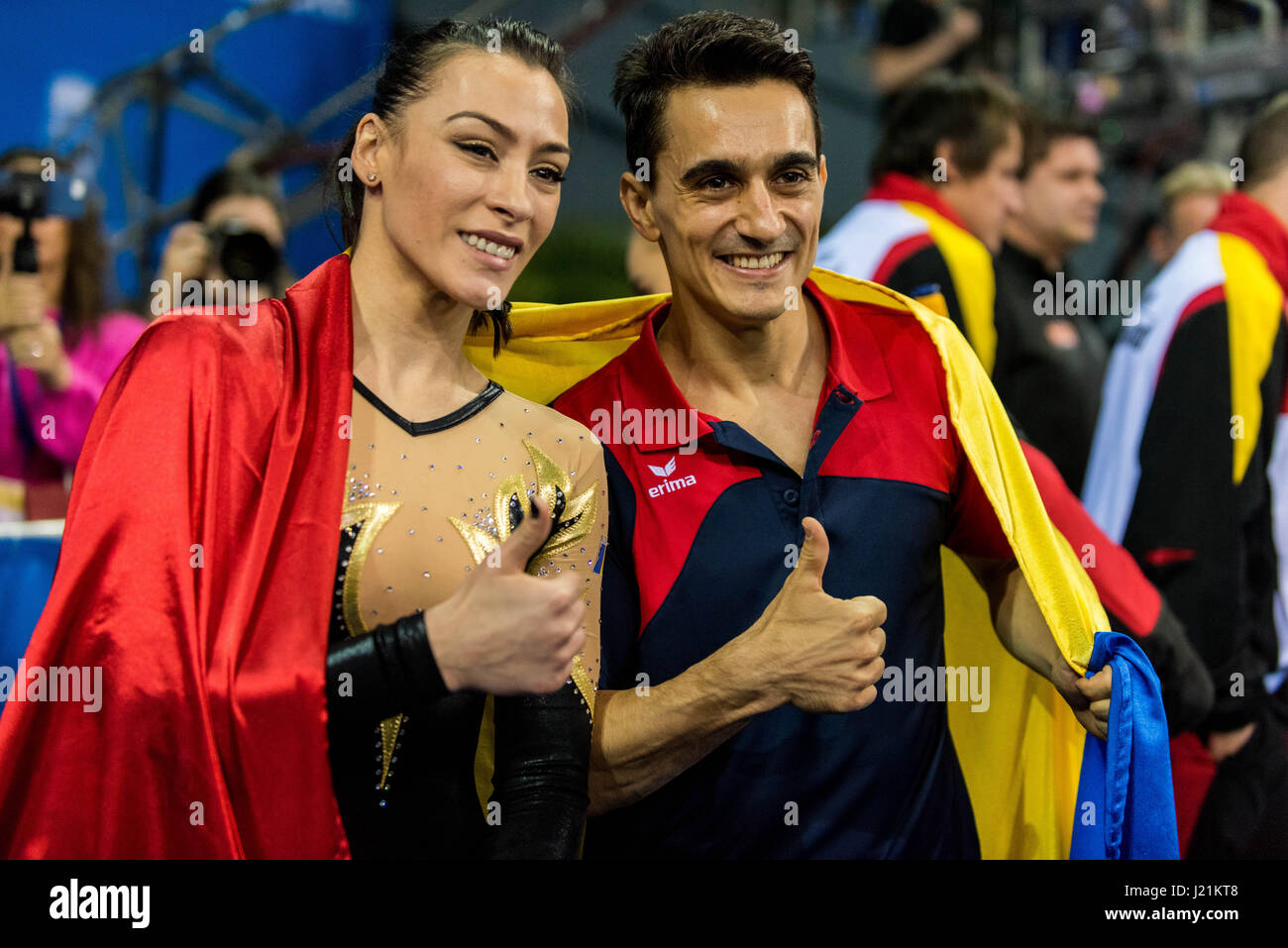 Catalina Ponor (ROU) after his performance on the balance beam and Marian Dragulescu (ROU) during the Women's Apparatus Finals at the European Men's and Women's Artistic Gymnastics Championships in Cluj Napoca, Romania. 23.04.2017 Photo: Catalin Soare/dpa Stock Photo