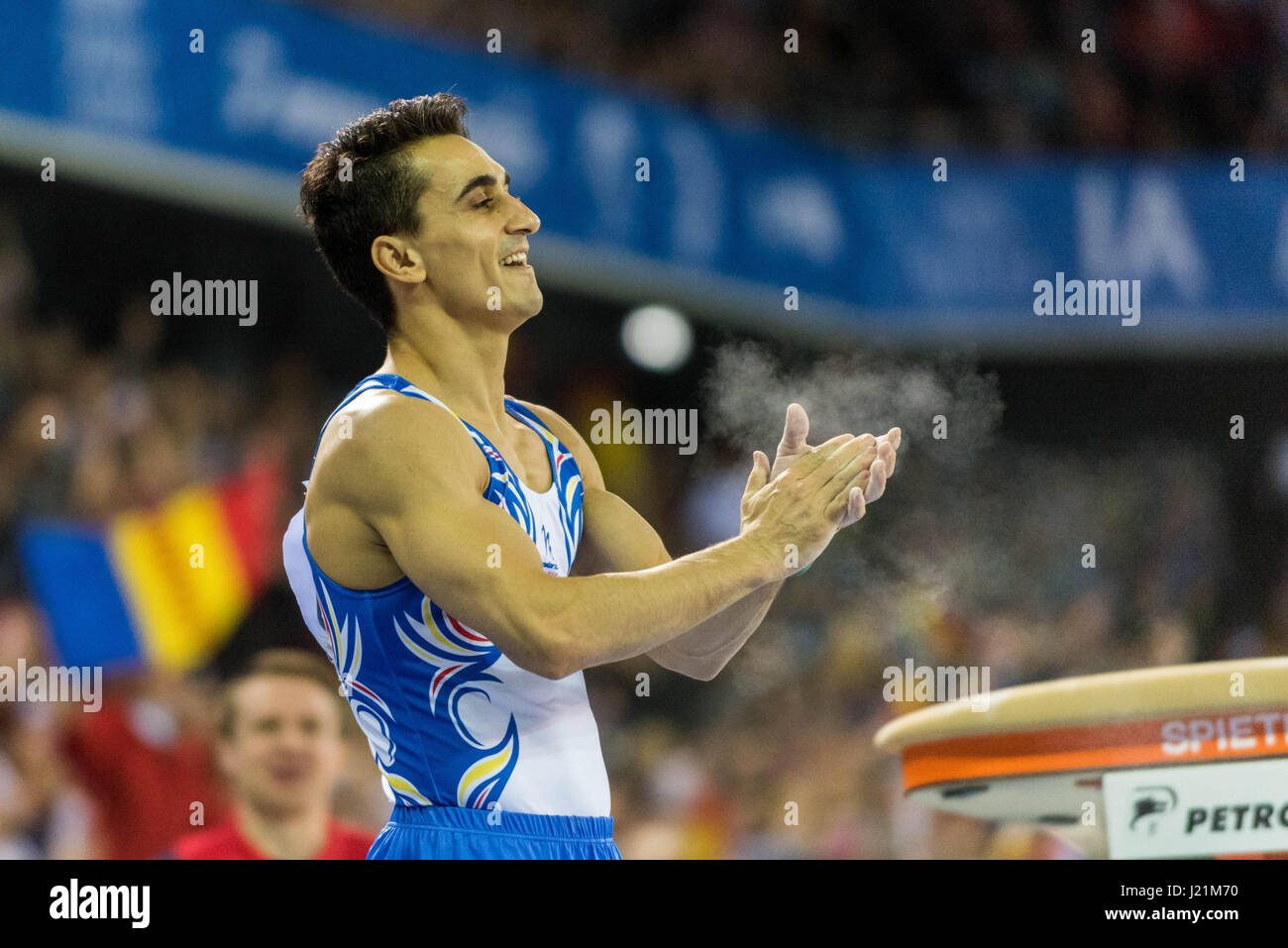 Cluj Napoca, Romania. 23rd Apr, 2017. Marian Dragulescu (ROU) after his performance on vault during the Men's Apparatus Finals at the European Men's and Women's Artistic Gymnastics Championships in Cluj Napoca, Romania. 23.04.2017 Photo: Catalin Soare/dpa/Alamy Live News Stock Photo