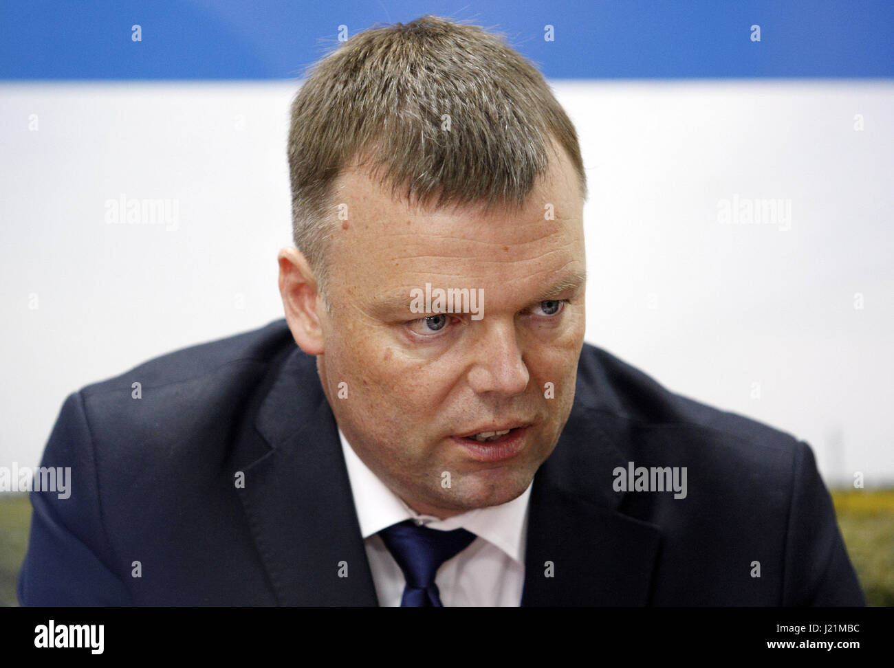 Kiev, Ukraine. 23rd Apr, 2017. The deputy head of the OSCE monitoring mission in Ukraine ALEXANDER HUG speaks during his a press-conference in Kiev, Ukraine, on 23 April 2017. The Organization for Security and Co-operation in Europe said Sunday one of its US monitors in Ukraine died, after a patrol vehicle hit a landmine in the Russian-backed separatist East. It marked the first loss for the security body's Special Monitoring Mission (SMM) since Europe's only war broke out about three years ago. Credit: Serg Glovny/ZUMA Wire/Alamy Live News Stock Photo