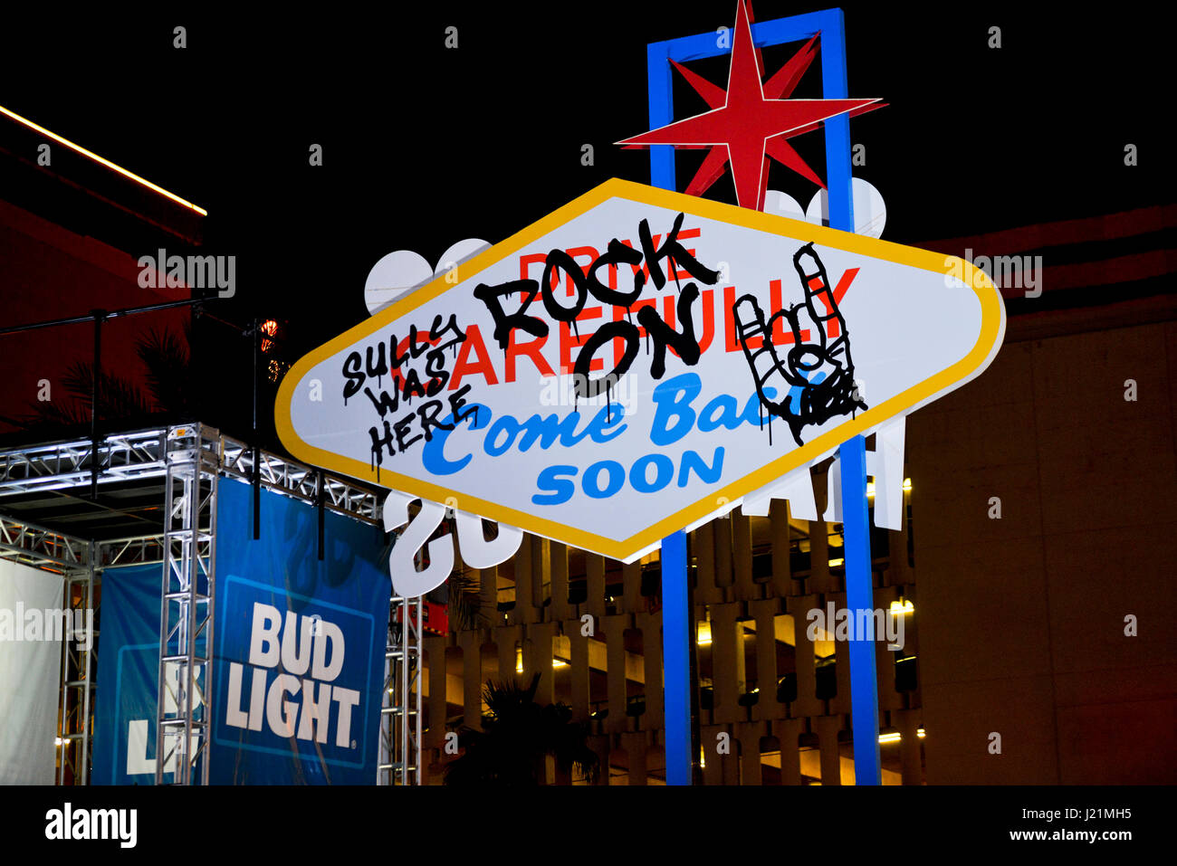 Las Vegas Nevada, April 22, 2017 - Las Vegas 'Rock On' sign on the grounds of the Las Rageous Music Festival in the Downtown Event Center (DLVEC) in Las Vegas, Nevada - photo credit: Ken Howard/Alamy. Stock Photo