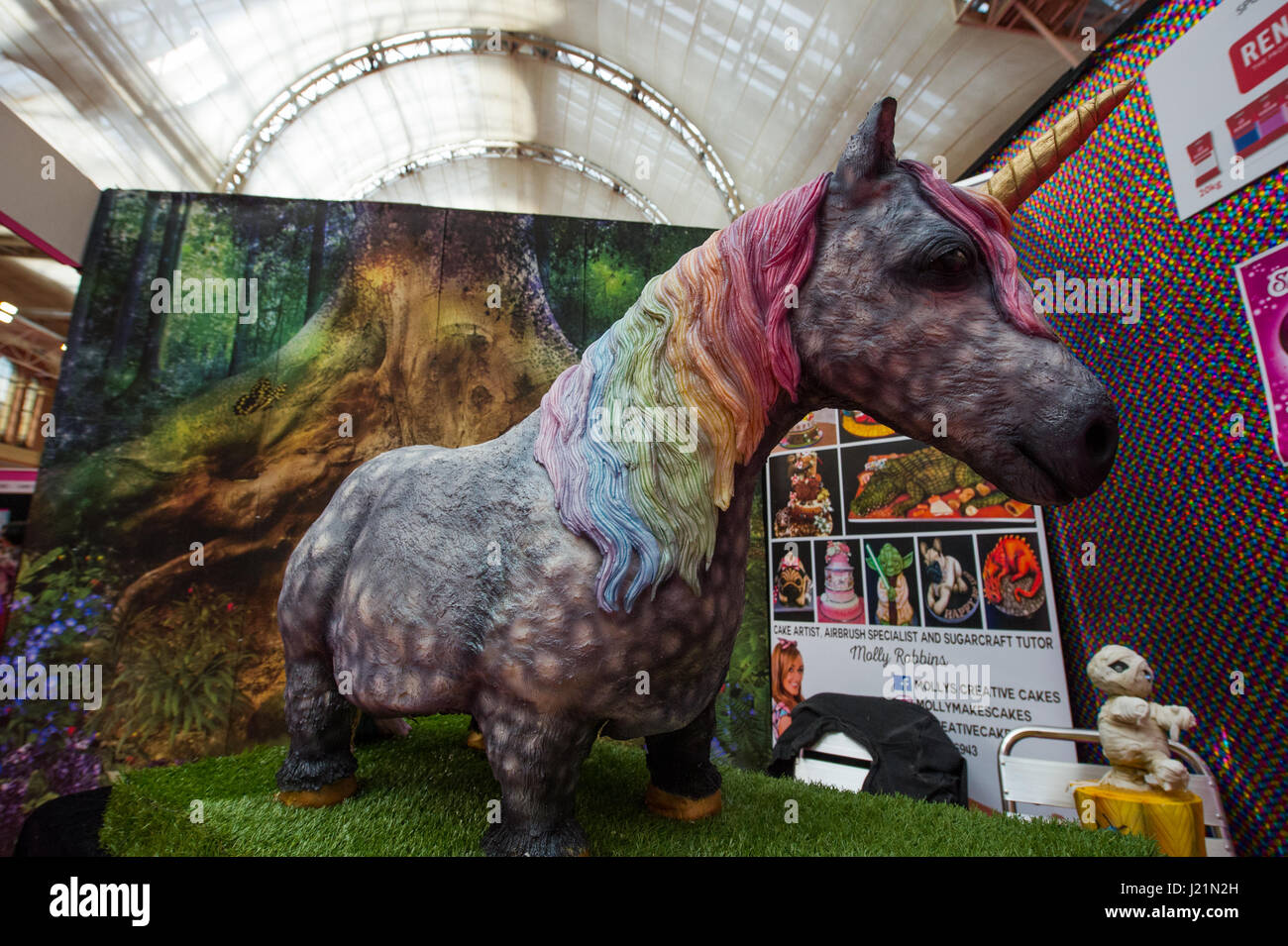 Alexandra Palace, UK. 23rd April, 2017. Interesting and unique hand made cakes on display at Cake International at Alexandra Palace, London. Competitors from around the world came to compete in the largest cake competition. Several awards were presented to entrants from amateurs to profesionals. There was various different categories to enter with set rules for each category, which led to different designs for each cake. Andrew Steven Graham/Alamy Live News Stock Photo