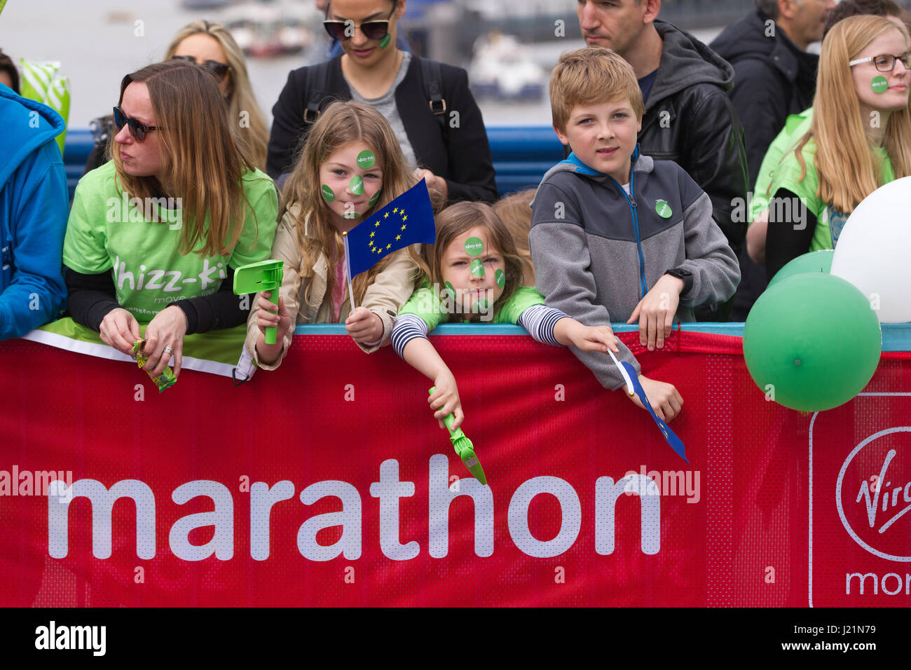 London, UK. 23rd April, 2017. LONDON MARATHON 2017. Today an estimated 50,000 runners took to the streets of the capital in to take part in the 37th London Marathon. The 26.2 mile race starts from Blackheath passing many of London's iconic landmarks including (pictured) the London Tower Bridge and finishing on the Mall. Stock Photo