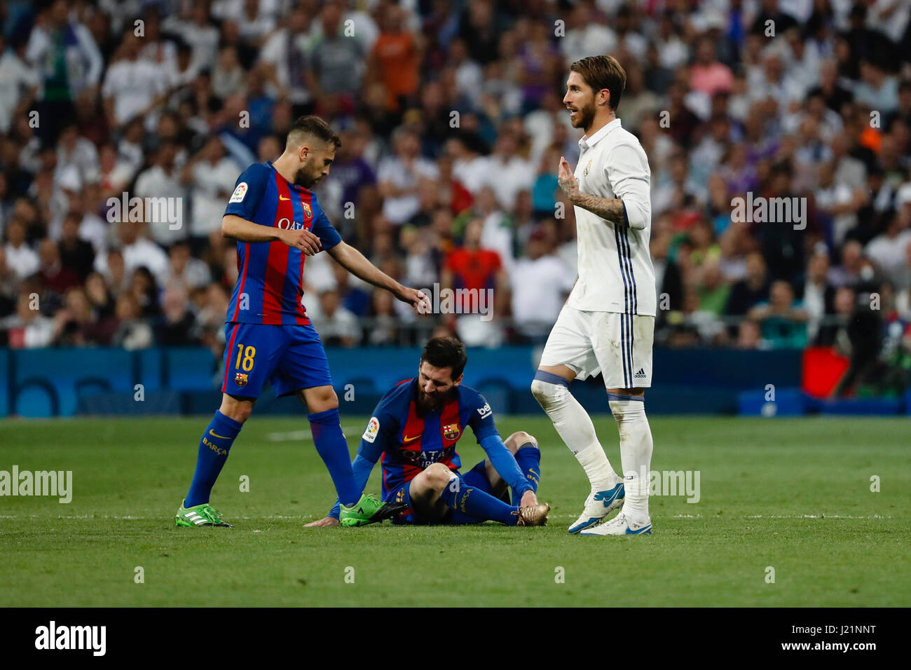 Cristiano Ronaldo dos Santos (7) Real Madrid's player receives a red card Lionel Andres Messi (10) FC Barcelona's player.La Liga between Real Madrid vs FC Barcelona at the Santiago Bernabeu stadium in Madrid, Spain, April 23, 2017 . Stock Photo