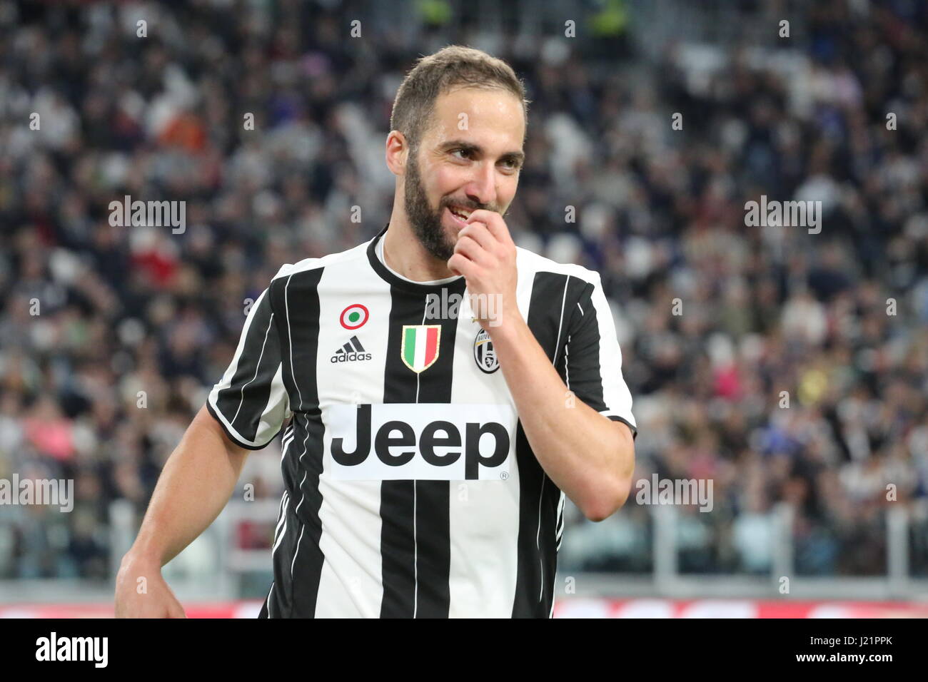Turin, Italy. 23rd Apr, 2017. Gonzalo Higuain (Juventus FC) during the Serie A football match between Juventus FC and Genoa FC at Juventus Stadium on April 23, 2017 in Turin, Italy. Credit: Massimiliano Ferraro/Alamy Live News Stock Photo